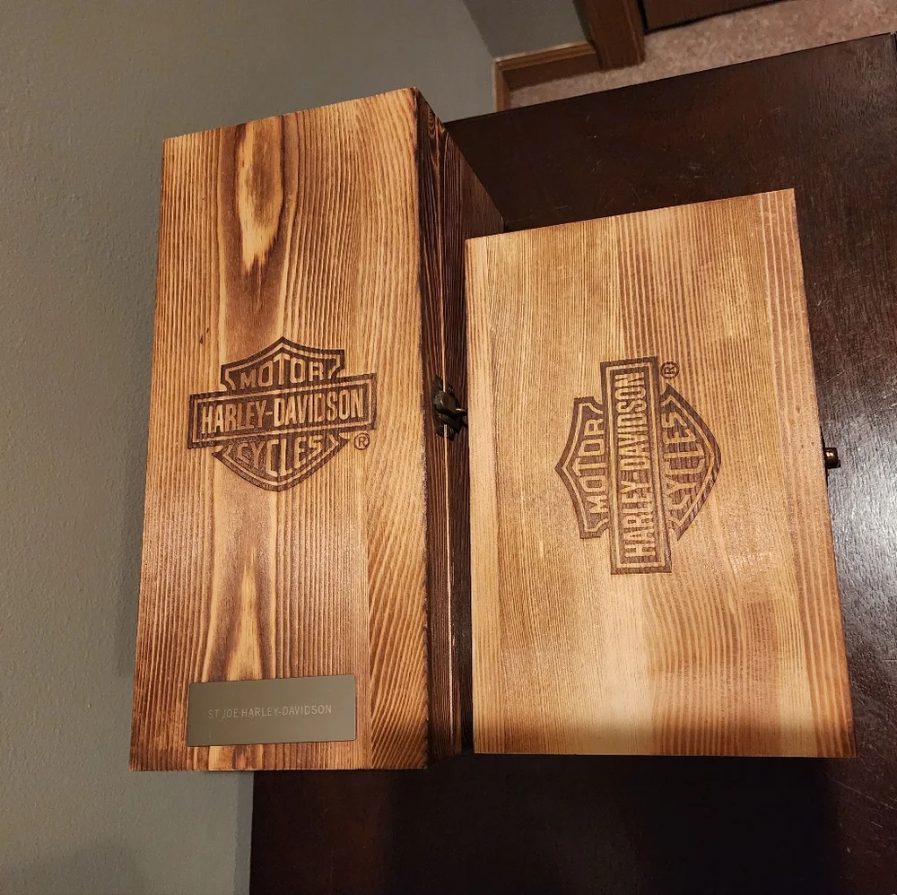 Harley Davidson Decanter Wooden Set ST JOE HARLEY DAVIDSON Collectible Bar Decor
